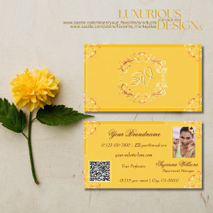 Ornate Tangerine Orange Monogram Photo QR Code Business Card