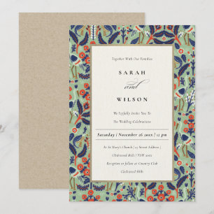 Ornate Teal Navy Classy Floral Peacock Wedding Invitation