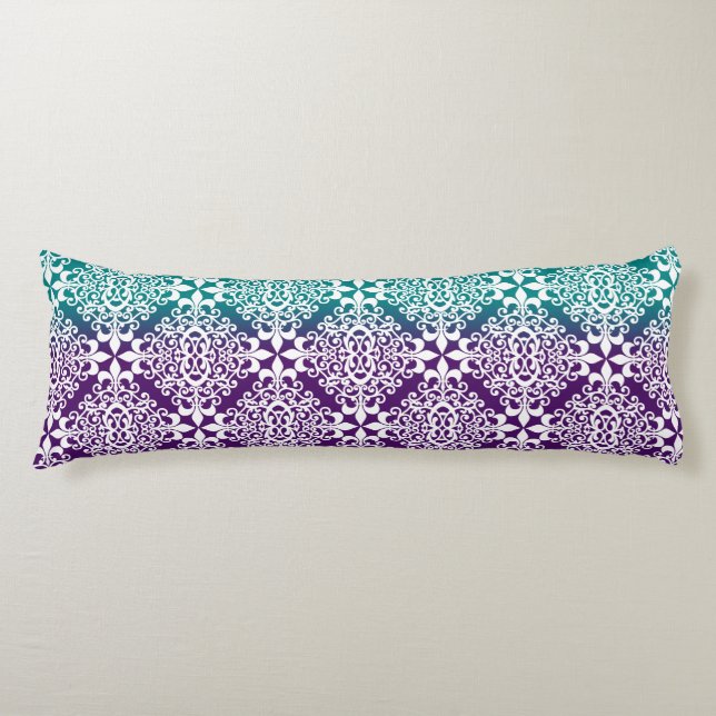 Ornate Teal Purple And White Damask Body Pillow (Front)