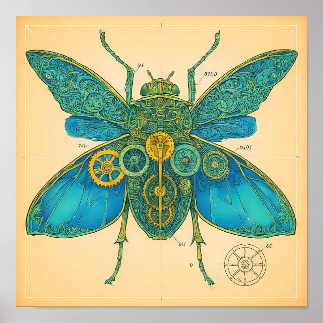Ornate Technical Diagram: Steampunk Insect Poster (Front)