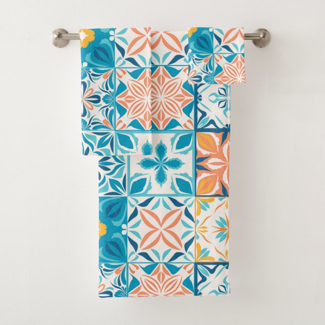 Ornate tiles in blue and orange bath towel set (Insitu)