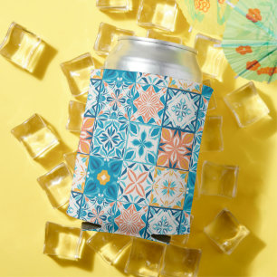 Ornate tiles in blue and orange can cooler