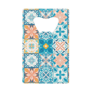 Ornate tiles in blue and orange credit card bottle opener