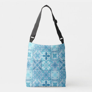 Ornate tiles in blue and orange crossbody bag