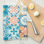 Ornate tiles in blue and orange kitchen towel<br><div class="desc">Hand-drawn colourful tiles,  floral decorative design,  ornate tiles</div>