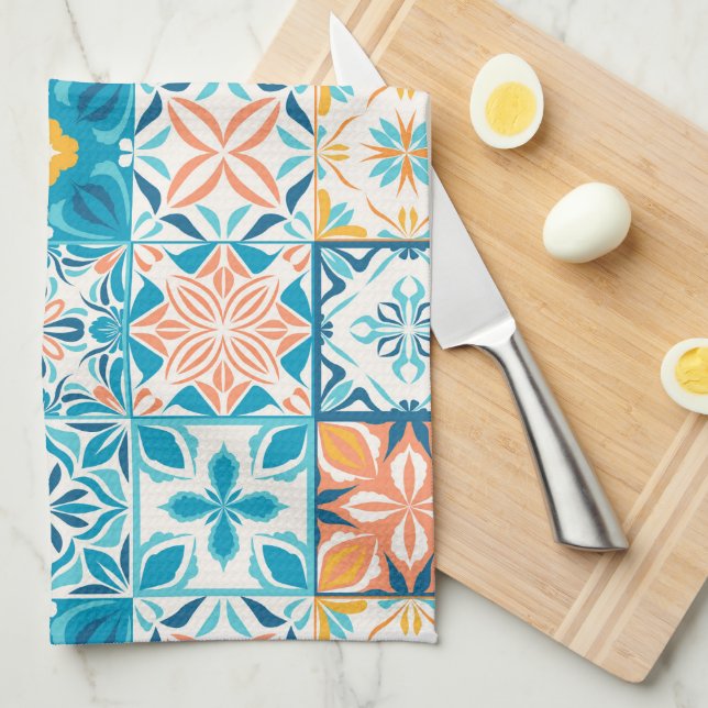 Ornate tiles in blue and orange kitchen towel (Quarter Fold)