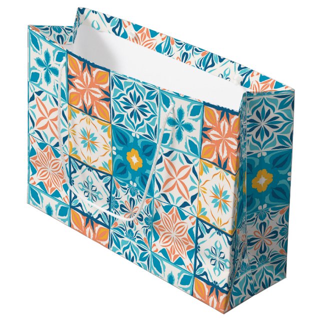 Ornate tiles in blue and orange large gift bag (Front Angled)