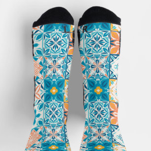 Ornate tiles in blue and orange socks
