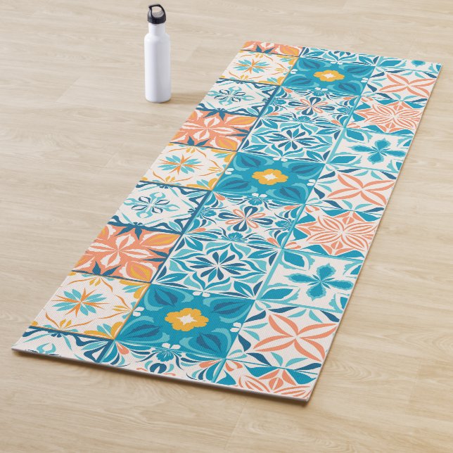Ornate tiles in blue and orange yoga mat (In Situ)