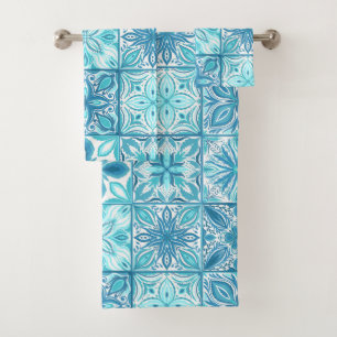 Ornate tiles in blue and white bath towel set