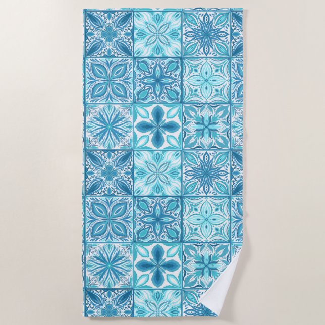 Ornate tiles in blue and white beach towel (Front)