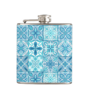Ornate tiles in blue and white hip flask
