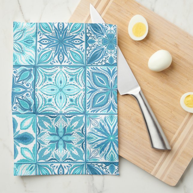 Ornate tiles in blue and white kitchen towel (Quarter Fold)