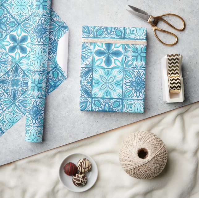 Ornate tiles in blue and white wrapping paper (Crafts)