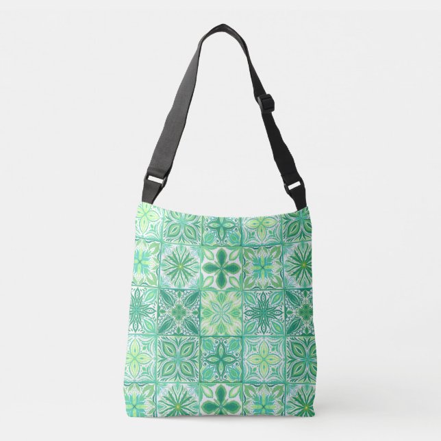 Ornate tiles in green and white crossbody bag (Front)