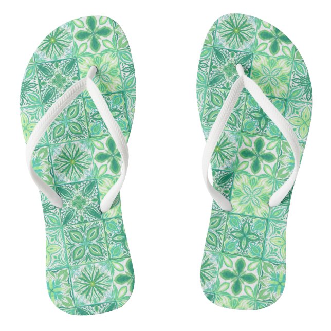 Ornate tiles in green and white flip flops (Footbed)