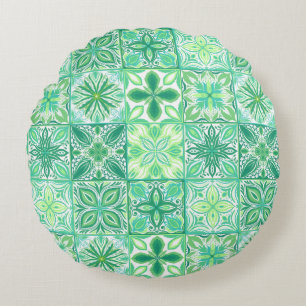 Ornate tiles in green and white round pillow