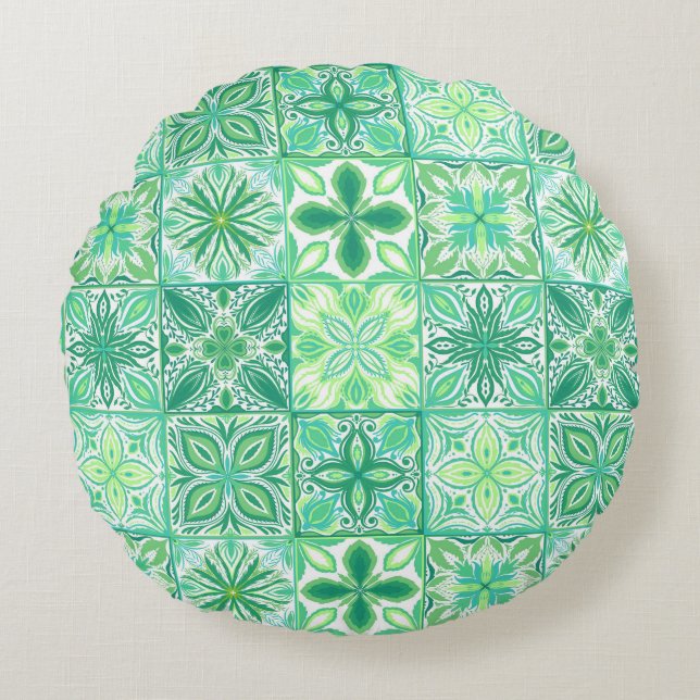 Ornate tiles in green and white round pillow (Front)