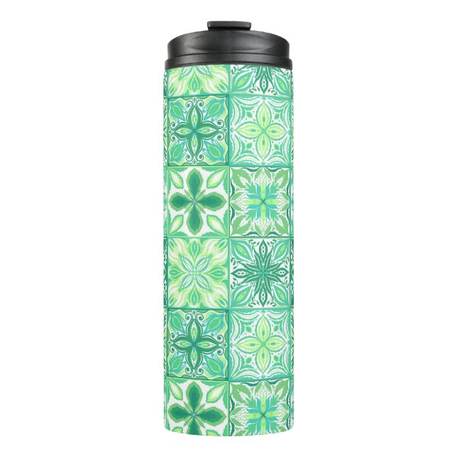Ornate tiles in green and white thermal tumbler (Front)