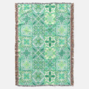 Ornate tiles in green and white throw blanket