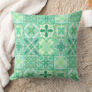 Ornate tiles in green and white throw pillow