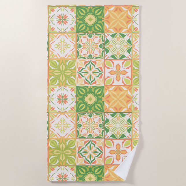 Ornate tiles in green and yellow beach towel (Front)