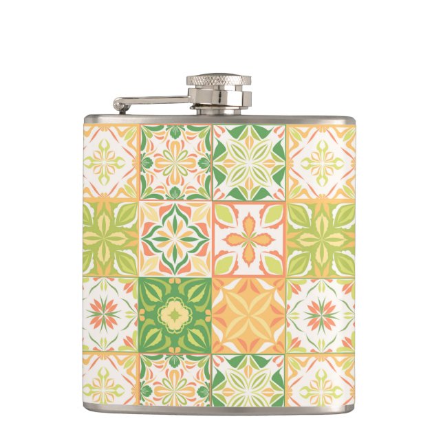 Ornate tiles in green and yellow hip flask (Front)