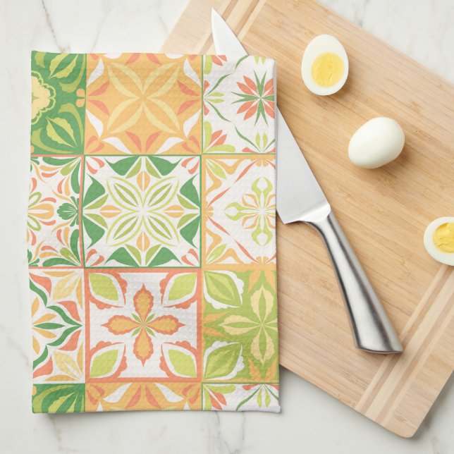 Ornate tiles in green and yellow kitchen towel (Quarter Fold)
