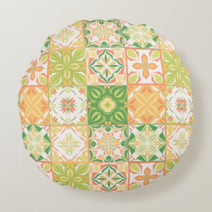 Ornate tiles in green and yellow round pillow