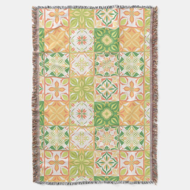 Ornate tiles in green and yellow throw blanket (Front Vertical)