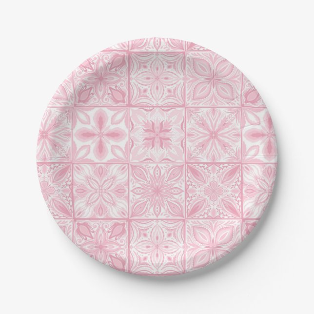 Ornate tiles in pink  paper plate (Front)