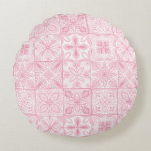 Ornate tiles in pink  round pillow