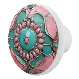 Ornate Tourmaline & Turquoise Art in Silver Ceramic Knob