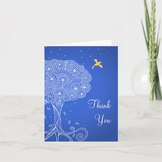 Ornate Tree of Life Blue Bat Mitzvah Thank You Card (Front)
