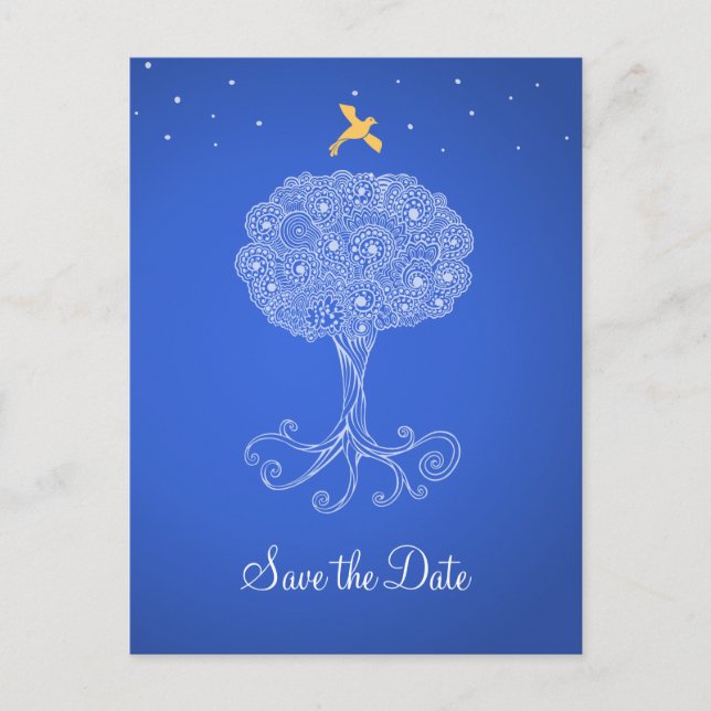Ornate Tree of Life Blue Save the Date Announcement Postcard (Front)