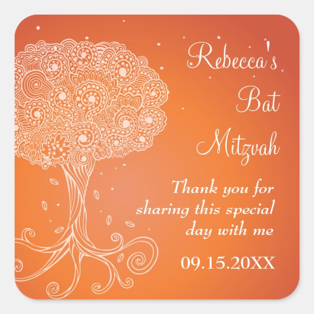 Ornate Tree of Life Orange Bat Mitzvah Square Sticker (Front)