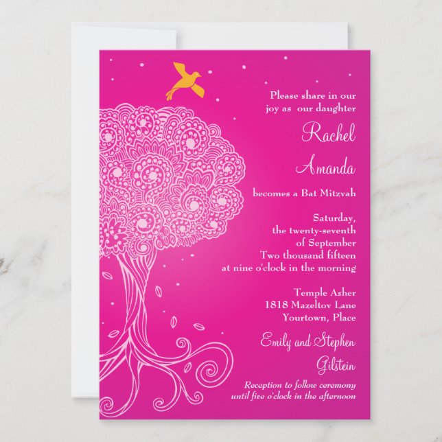 Ornate Tree of Life Pink Bat Mitzvah Invitation (Front)