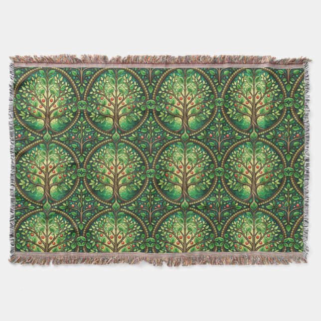 Ornate tree pattern in green and brown on a woven  throw blanket (Front)