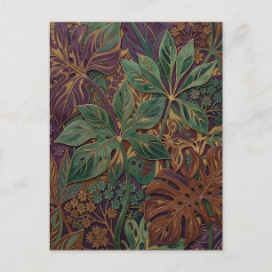 Ornate Tropical Monstera Leaves Purple Green Postcard