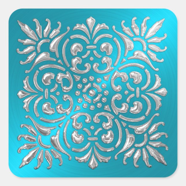 Ornate Turquoise and Silver Embossed Look Sticker (Front)
