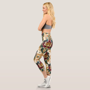 Ornate Victorian Floral Damask in Teal and Burgund Capri Leggings