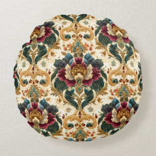 Ornate Victorian Floral Damask in Teal and Burgund Round Pillow