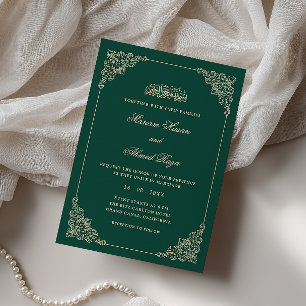 Ornate Victorian Gold Emerald Green Muslim Wedding Invitation