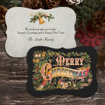 Ornate Vintage Floral Christmas Greeting Holiday Card<br><div class="desc">Richly embellished Christmas greeting featuring ornate text on a banner decorated with holly,  assorted flowers and leaves,  and a cardinal on a black background.</div>