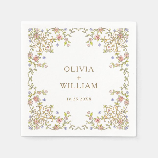 Ornate Vintage Frame Bohemian  Flowers Wedding Napkin (Front)