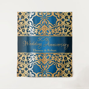 Ornate Vintage Gold And Blue Jewelled Anniversary Tapestry