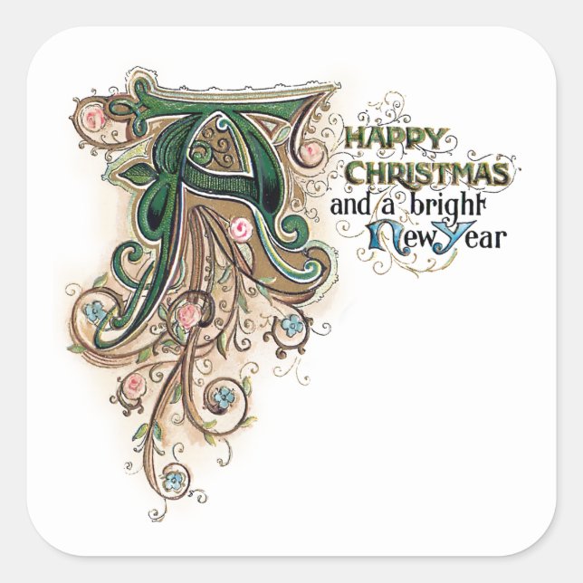Ornate Vintage Illuminated Christmas Greeting Square Sticker (Front)