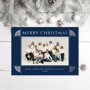 Ornate Vintage Motif Christmas Photo Navy Foil Holiday Card