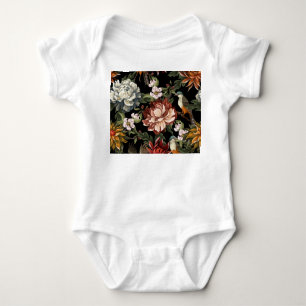 Ornate Vintage Peonies, Roses, Birds. Baby Bodysuit