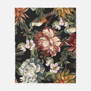 Ornate Vintage Peonies, Roses, Birds. Fleece Blanket